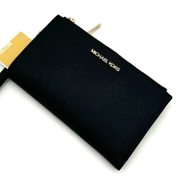 Michael Kors Large Double Zip Wallet Wristlet Black/Gold - Picture 1 of 9